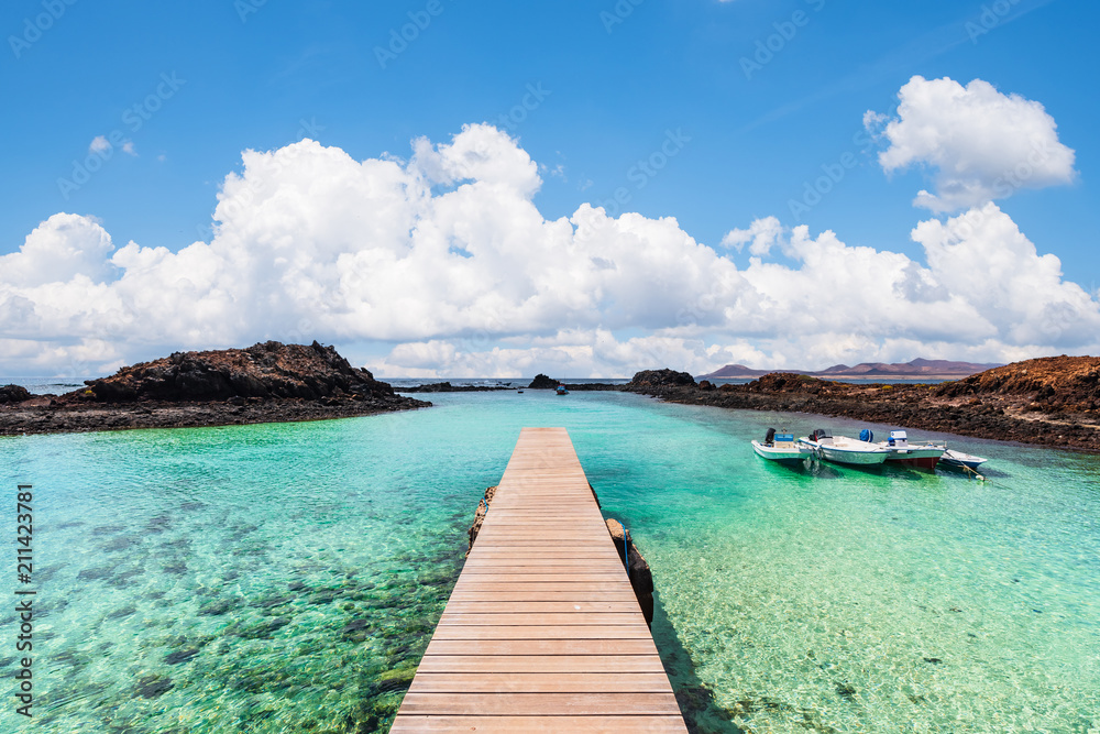 wooden jetty of the Isla de Lobos in the Canary Islands, Spain.