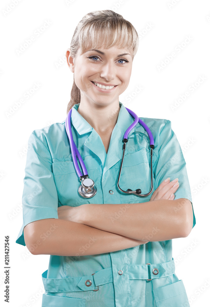 beautiful happy smiling female doctor with crossed arms isolated beautiful happy smiling female doctor with crossed arms isolated