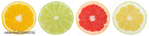 Zitrusfrüchte Südfrüchte Sammlung Orange Zitrone Früchte in einer Reihe geschnitten Hälfte Freisteller freigestellt isoliert photo