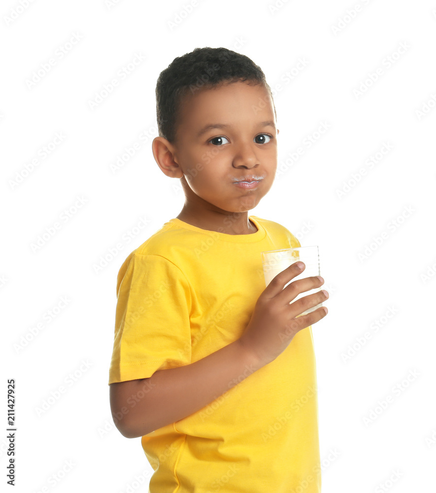Adorable African-American boy with glass of milk on white background Adorable African-American boy with glass of milk on white background