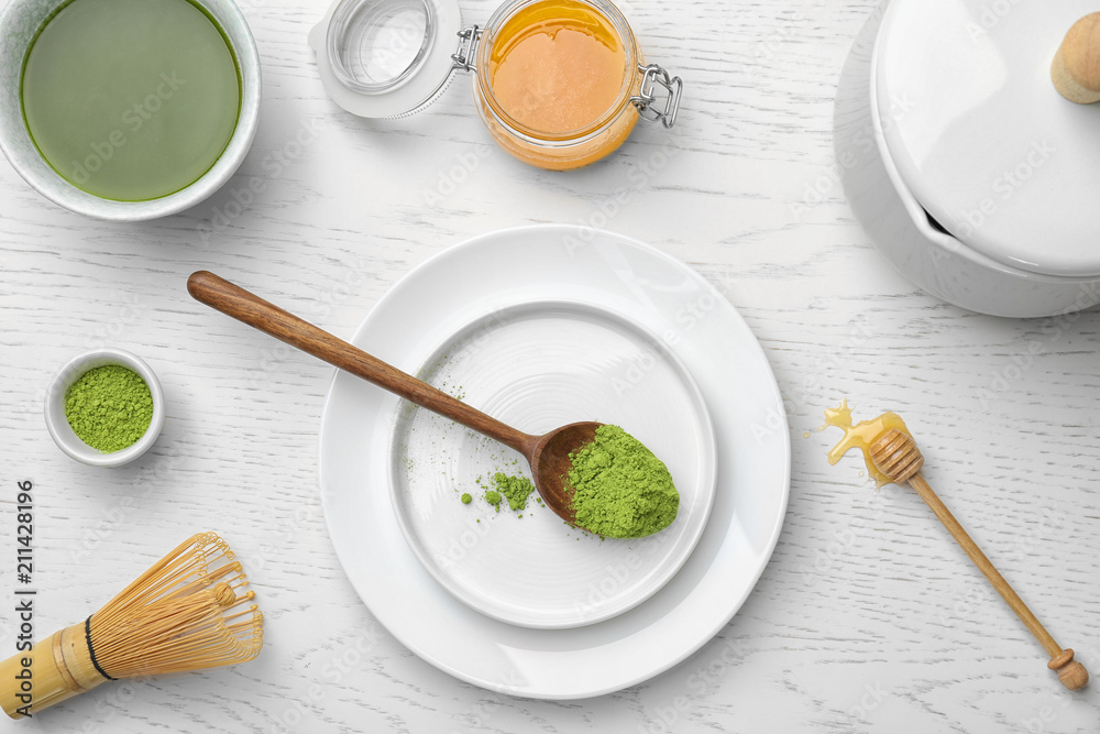 Flat lay composition with matcha tea on light background Flat lay composition with matcha tea on light background