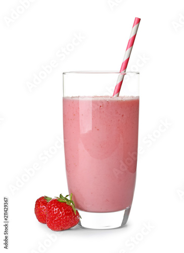 Glass with tasty strawberry smoothie on white background