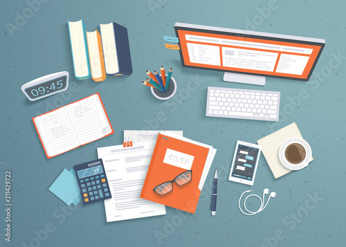 Top view of workplace background, monitor, books, notebook, headphones, phone, documents, folder, planner, calculator, coffee. Workspace, analytics, optimization, management. Vector