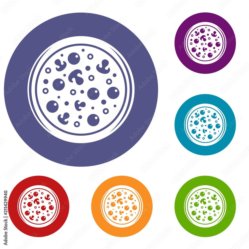 Pizza with olives and mushrooms icons set in flat circle red, blue and green color for web Pizza with olives and mushrooms icons set in flat circle red, blue and green color for web