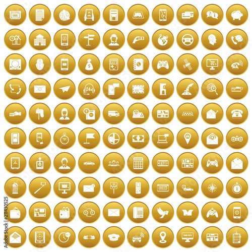 100 telephone icons set in gold circle isolated on white vector illustration