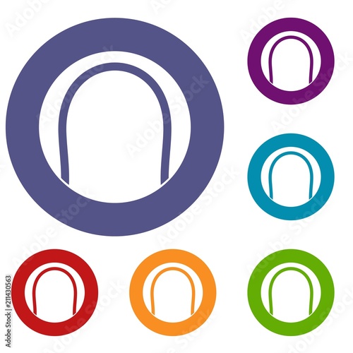 Black and white tennis ball icons set in flat circle red, blue and green color for web