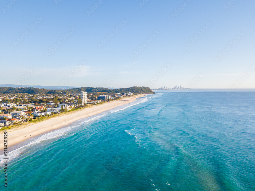 Fototapeta premium An aerial view of Palm Beach on the Gold Coast in Queensland Australia on a clear blue water day