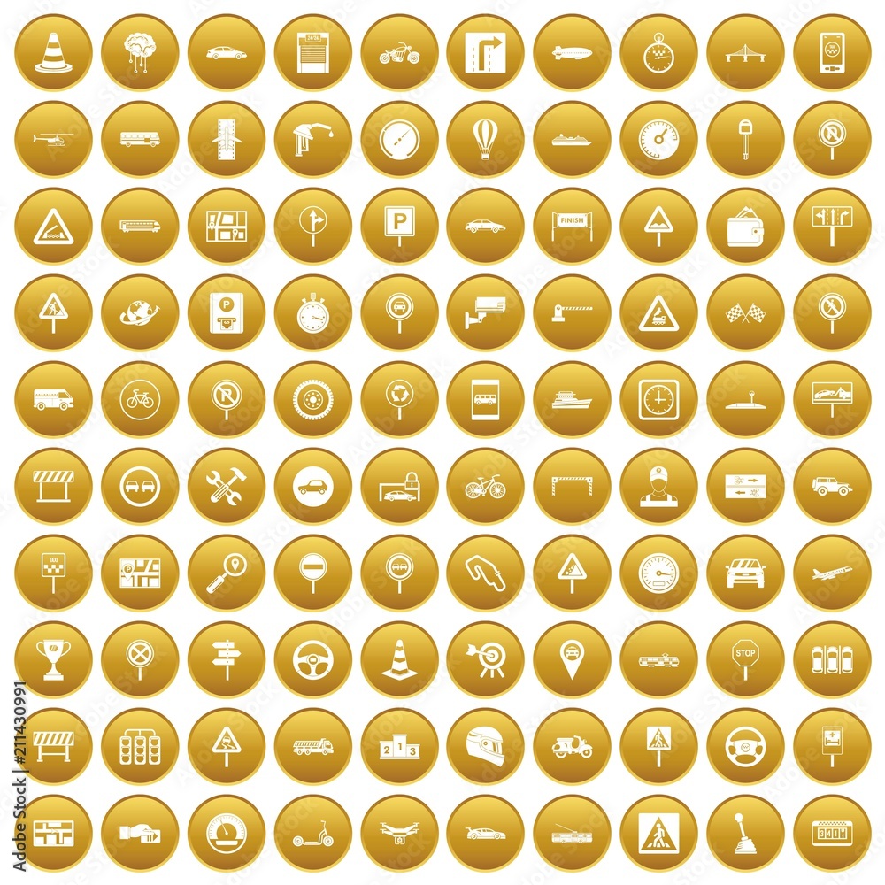 100 traffic icons set in gold circle isolated on white vector illustration
