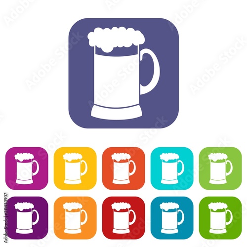 Mug of dark beer icons set vector illustration in flat style in colors red, blue, green, and other