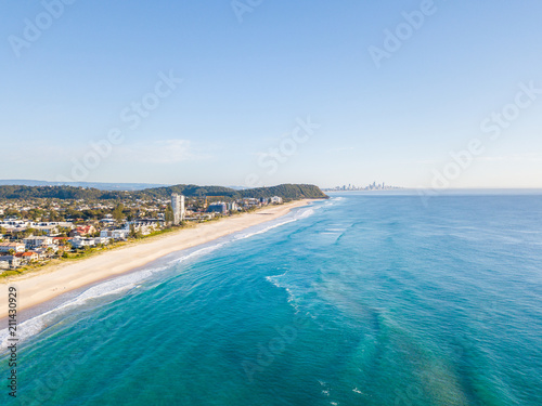 An aerial view of Palm Beach on the Gold Coast in Queensland Australia on a clear blue water day