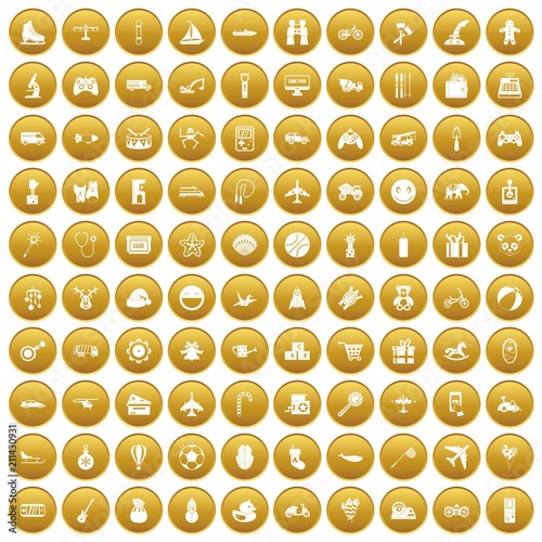 100 toys for kids icons set in gold circle isolated on white vector illustration