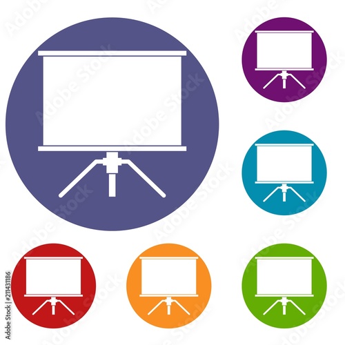 Blank projection screen icons set in flat circle red, blue and green color for web