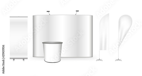 Vector exhibition promo set. Pop up trade show stand, promotion retail trade stand, roll up banner and feather advertising promo beach bow flags isolated on the white background