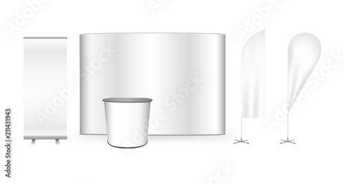 Vector exhibition promo set. Pop up trade show stand, promotion retail trade stand, roll up banner and feather advertising promo beach bow flags isolated on the white background
