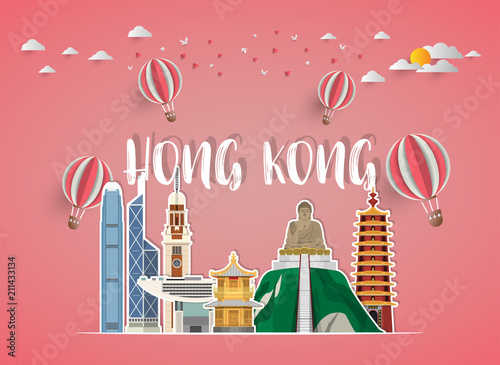 Hong kong Landmark Global Travel And Journey paper background. Vector Design Template.used for your advertisement, book, banner, template, travel business or presentation