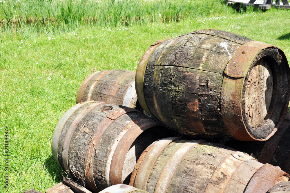 old wooden barrels for flour, grain, wine old wooden barrels for flour, grain, wine