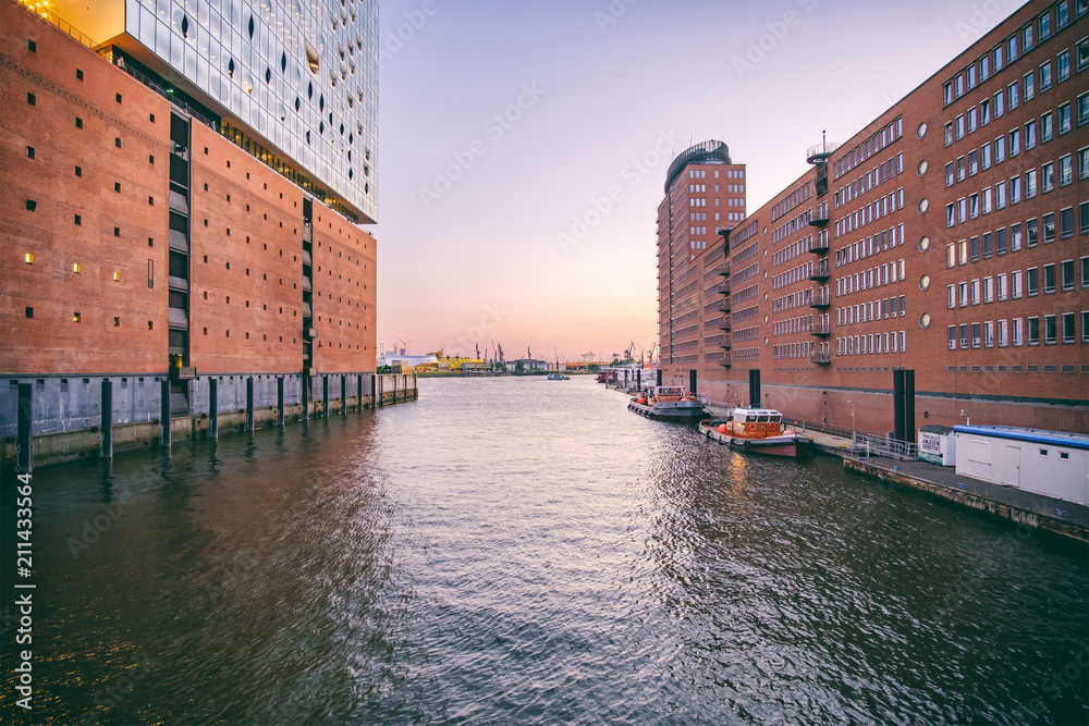 Port of Hamburg (Hamburger Hafen Ciity) with the Elbphilharmonie Theatre on the left