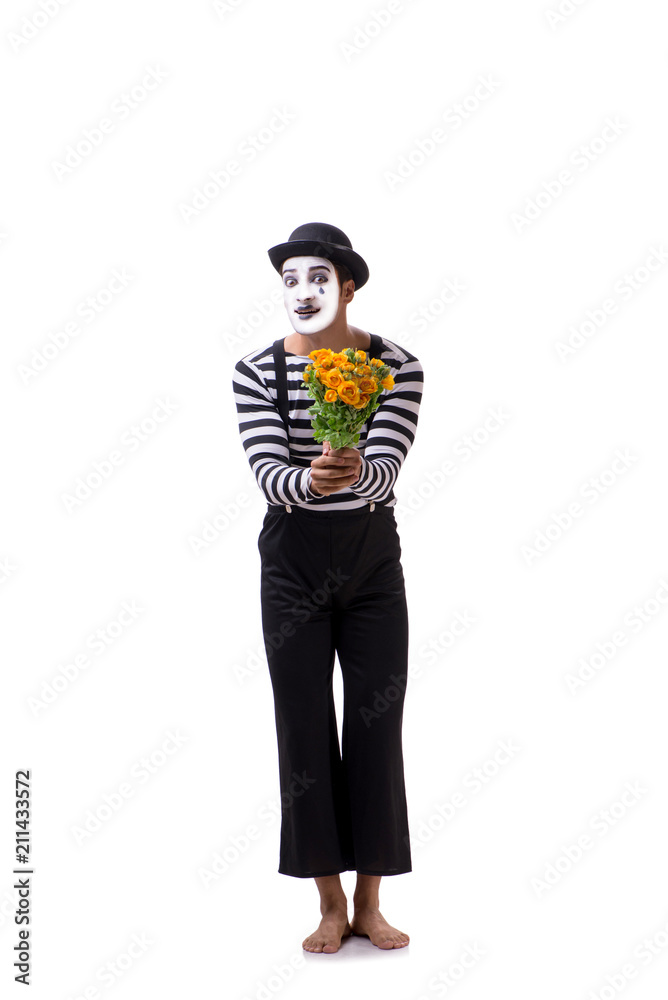 Mime with bunch of flowers isolated on white Mime with bunch of flowers isolated on white