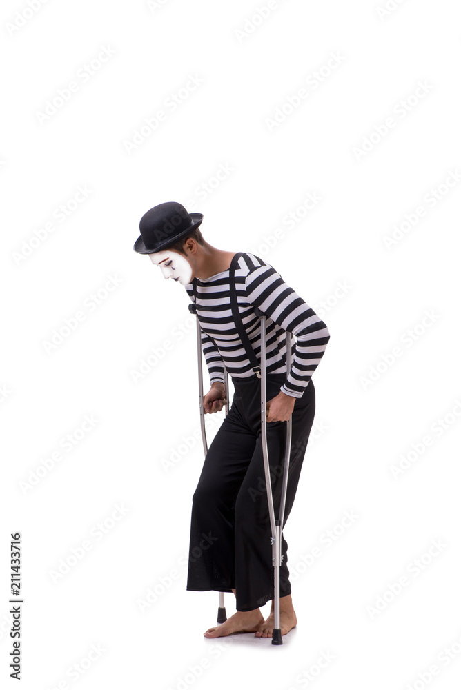Mime with crutches isolated on white background Mime with crutches isolated on white background