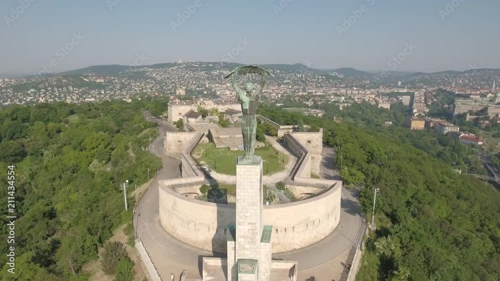 Aerial shot of Budapest Citadell and Liberty statue in Gellert Hill, Hungary