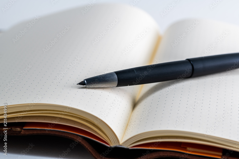 An open blank paper notebook with a classic vintage fountain pen An open blank paper notebook with a classic vintage fountain pen