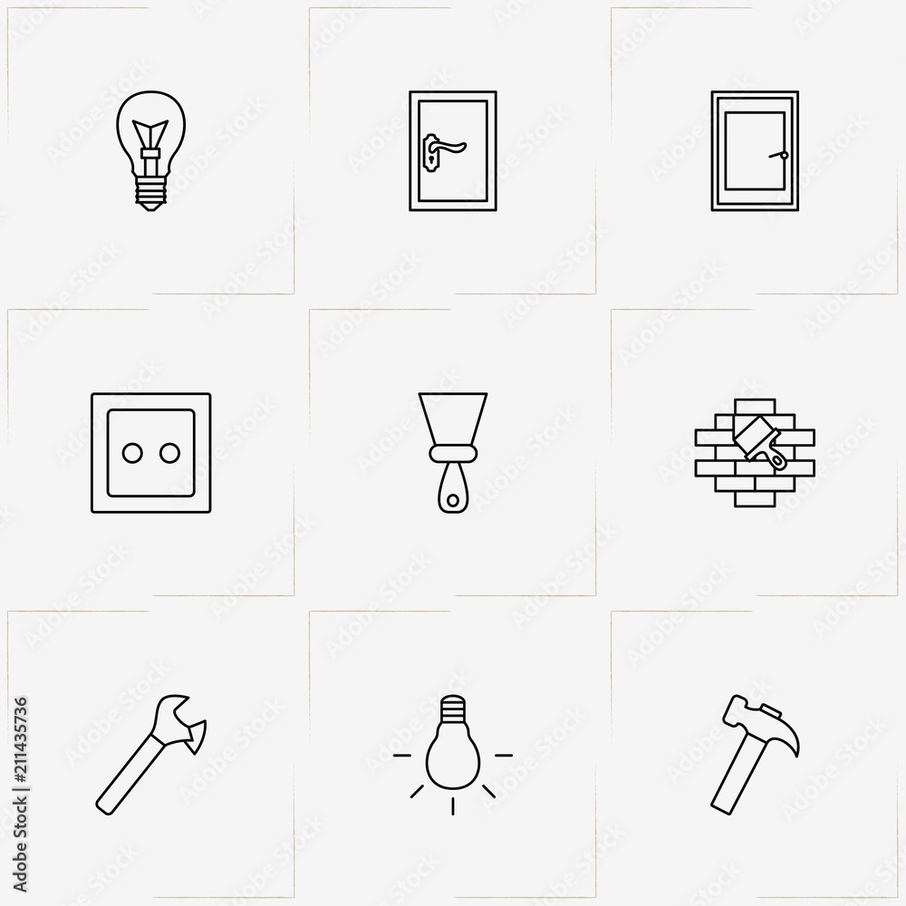Repairs line icon set with door, light bulb and electric socket Repairs line icon set with door, light bulb and electric socket