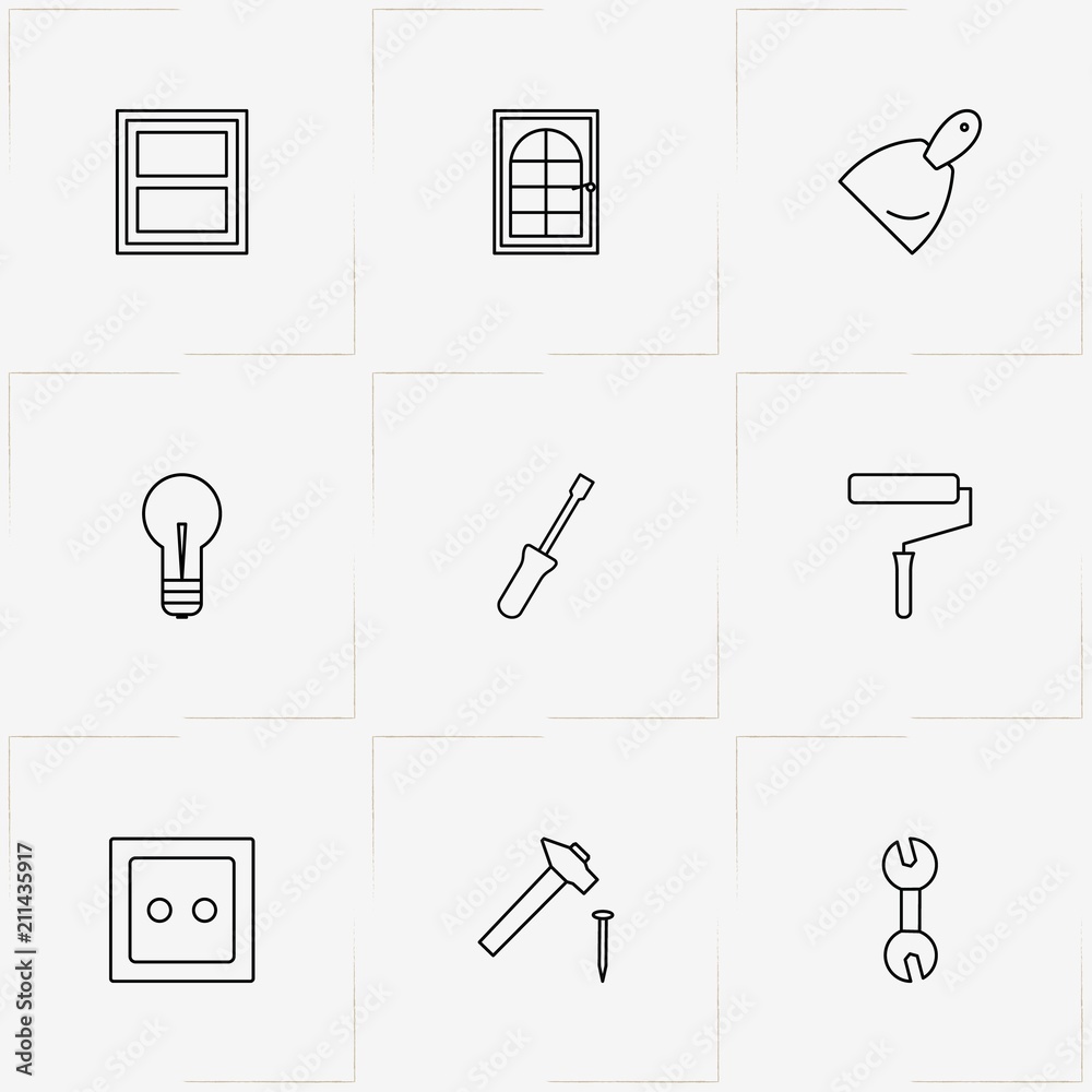 Repairs line icon set with window, electric socket and hammer Repairs line icon set with window, electric socket and hammer