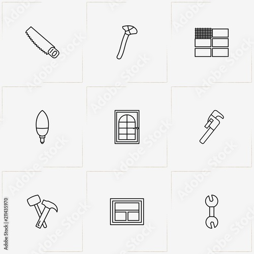 Repairs line icon set with laying of tiles , window and saw
