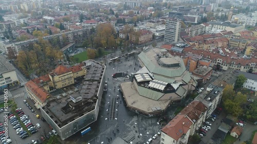 Tilting drone shot of shopping mall in central Banja Luka, the second largest city in Bosnia and Herzegovina photo