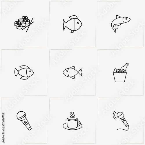 Restaurant line icon set with fish, cup of tea and sushi