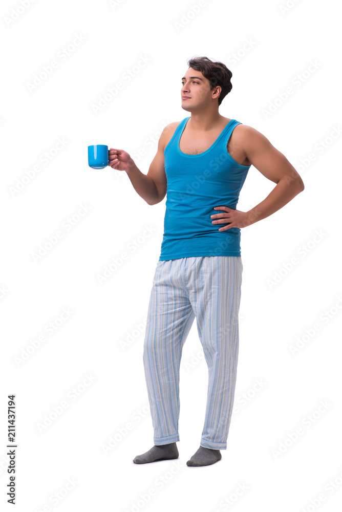 Man waking up with alarm clock isolated on white Man waking up with alarm clock isolated on white