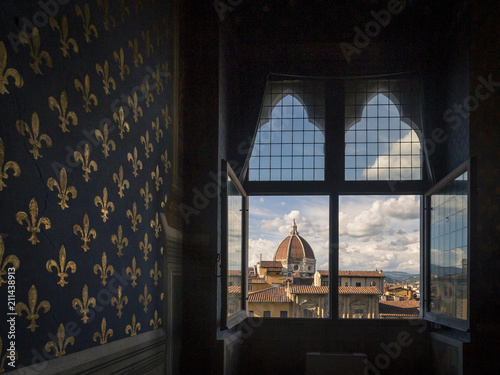 A view of the dome of the Florence Cathedral from a room of the Palazzo Vecchio in Florence, Italy
