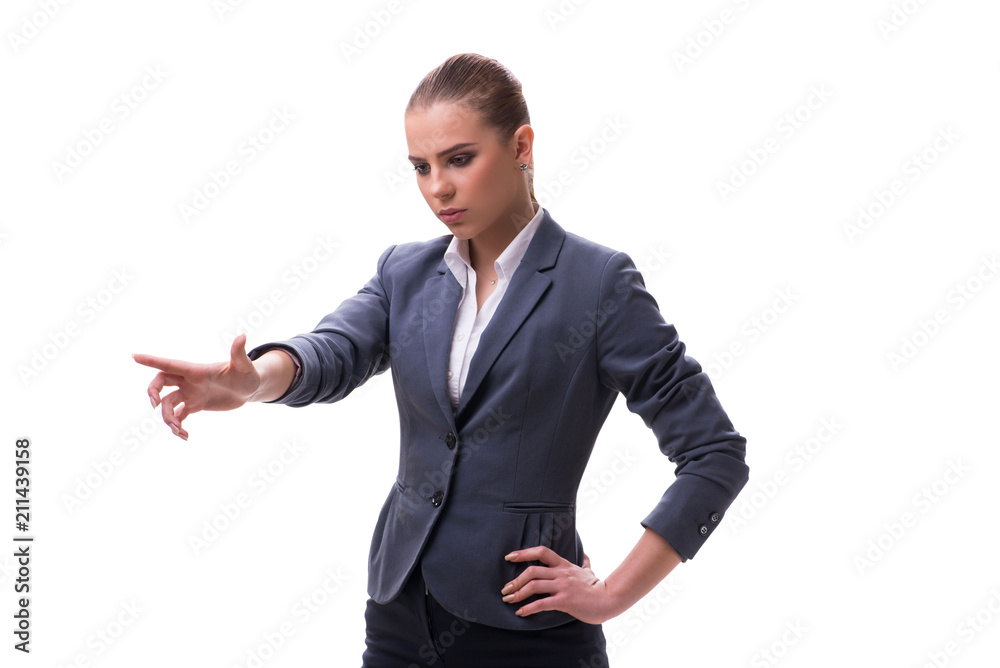 Young businesswoman pressing virtual button on white Young businesswoman pressing virtual button on white