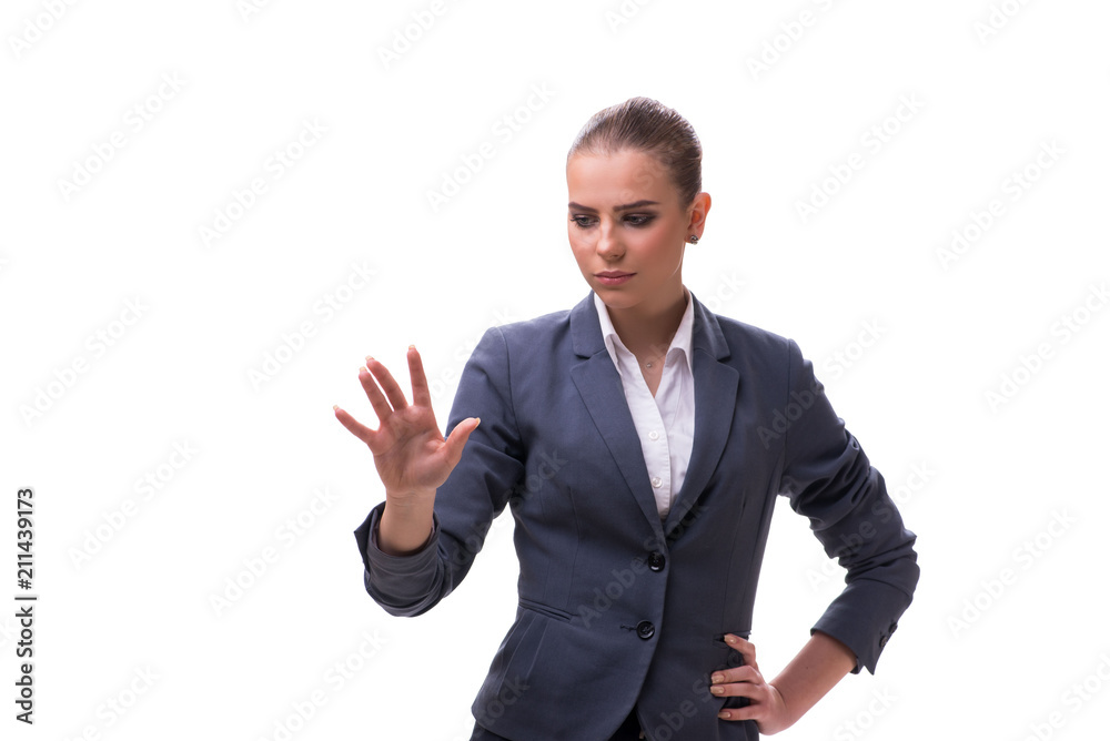 Young businesswoman pressing virtual button on white Young businesswoman pressing virtual button on white