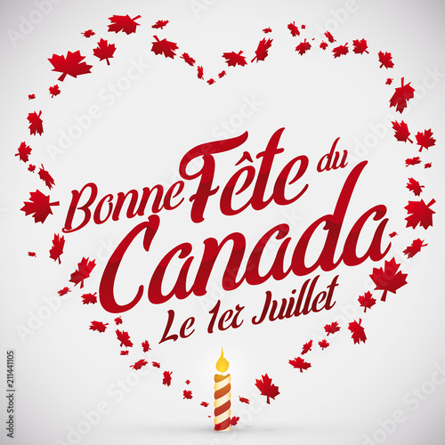 Heart Shape with Maple Leaves and Candle for Canada Day, Vector Illustration