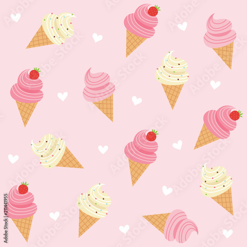 Cute ice cream with hearts seamless pattern on pink background