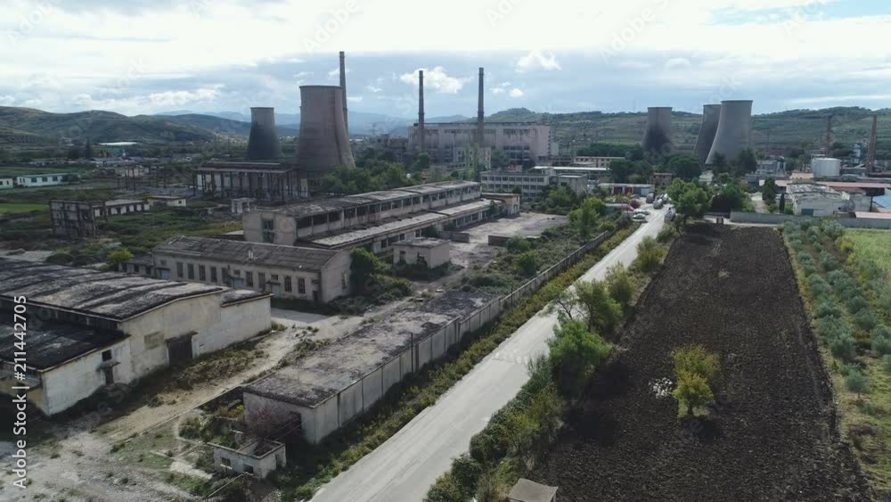 Aerial drone flight over massive abandoned Communist era industrial complex in central Albania Aerial drone flight over massive abandoned Communist era industrial complex in central Albania