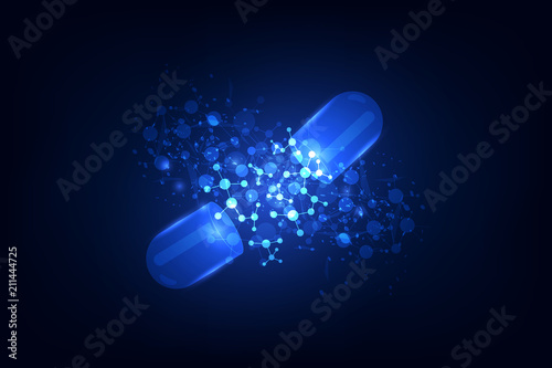 concept of health care technology, graphic of realistic transparent pill with abstract futuristic DNA inside