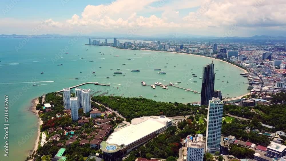4k The most beautiful pattaya city see view point in High view by drone that include sea and city view in 1 video. Pattaya beach Thailand famous beach.