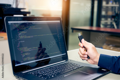 Developing programming and coding technologies on desk white, Website design, Programmer working in a software develop company office,Data processing center