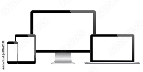 Realistic Computer, Laptop, Tablet and Smart Phone with blank screen Isolated on white background vector 