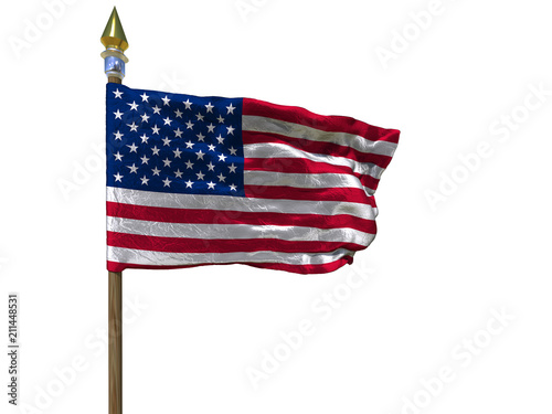 USA flag Isolated Silk foil waving flag of United States of America with wooden flagpole with golden spear on white isolate  background 3d illustration photo