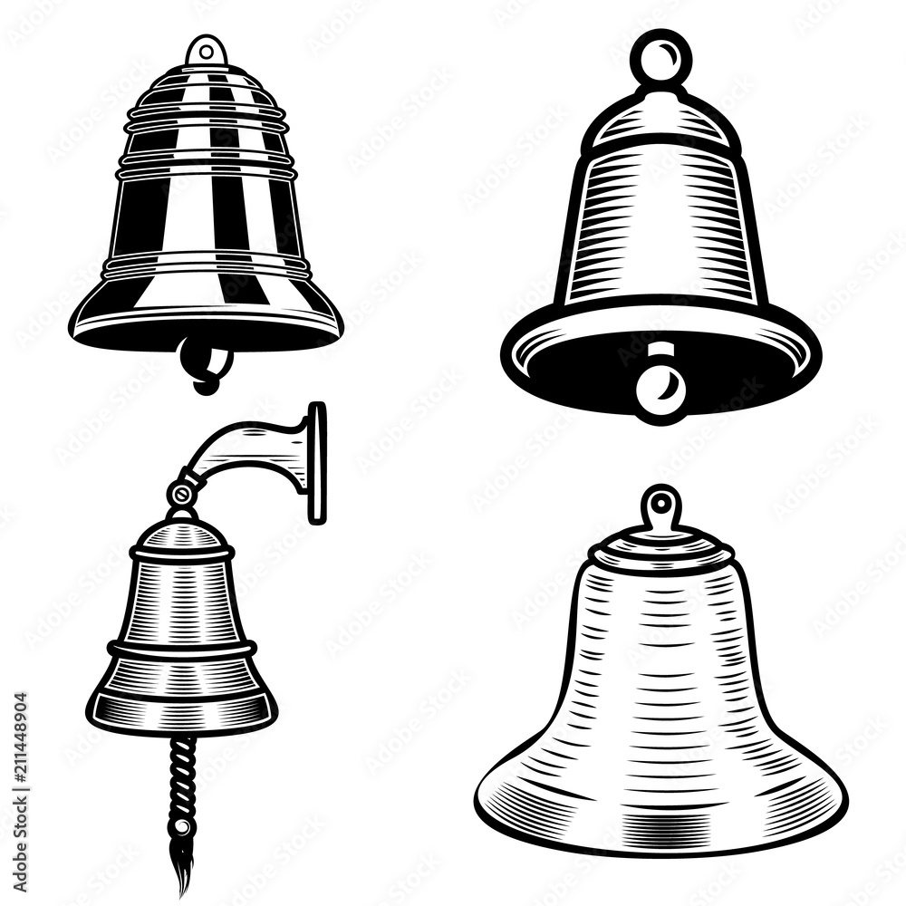 Set of ship bell illustrations on white background. Design element for logo, label, emblem, sign