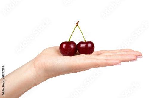 Sweet ripe cherry with hand isolated on white background.