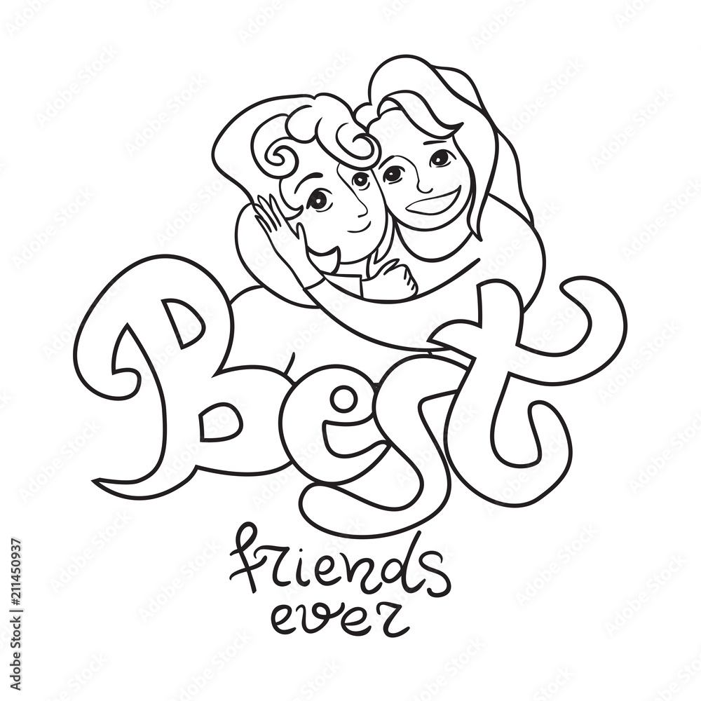 Friendship day card. Two girls hug each other. Best friend ever calligraphy  phrase Stock Vector | Adobe Stock