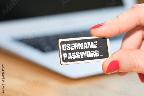 Ein Computer, eine Frau und Zugangsdaten wie Passwort und Nutzername