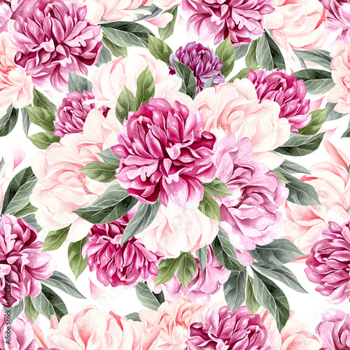 Watercolor pattern with peony flowers.