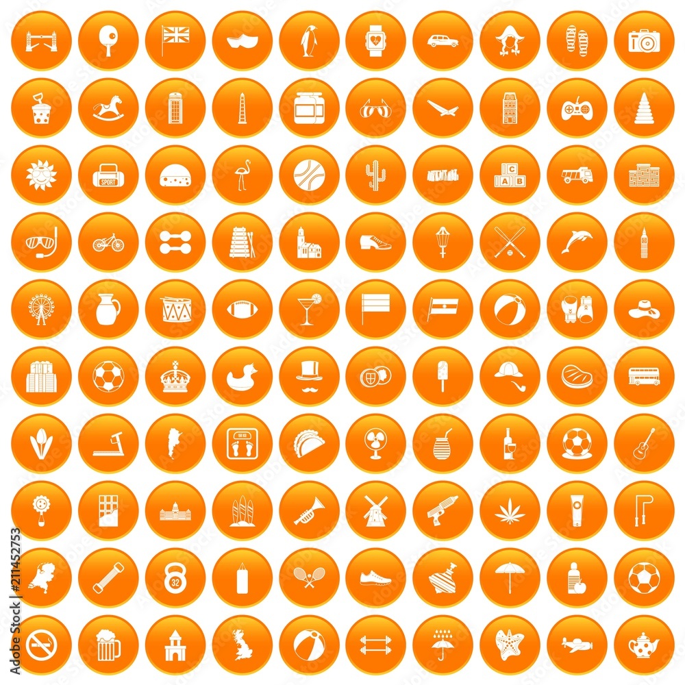 100 ball icons set in orange circle isolated on white vector illustration