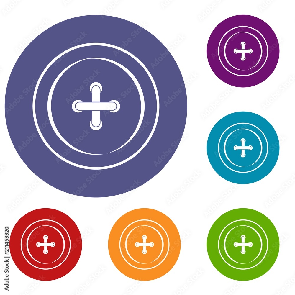 Sewing button icons set in flat circle red, blue and green color for web Sewing button icons set in flat circle red, blue and green color for web