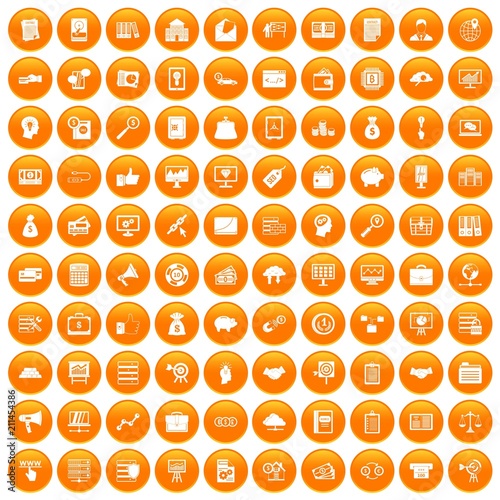 100 business process icons set in orange circle isolated on white vector illustration